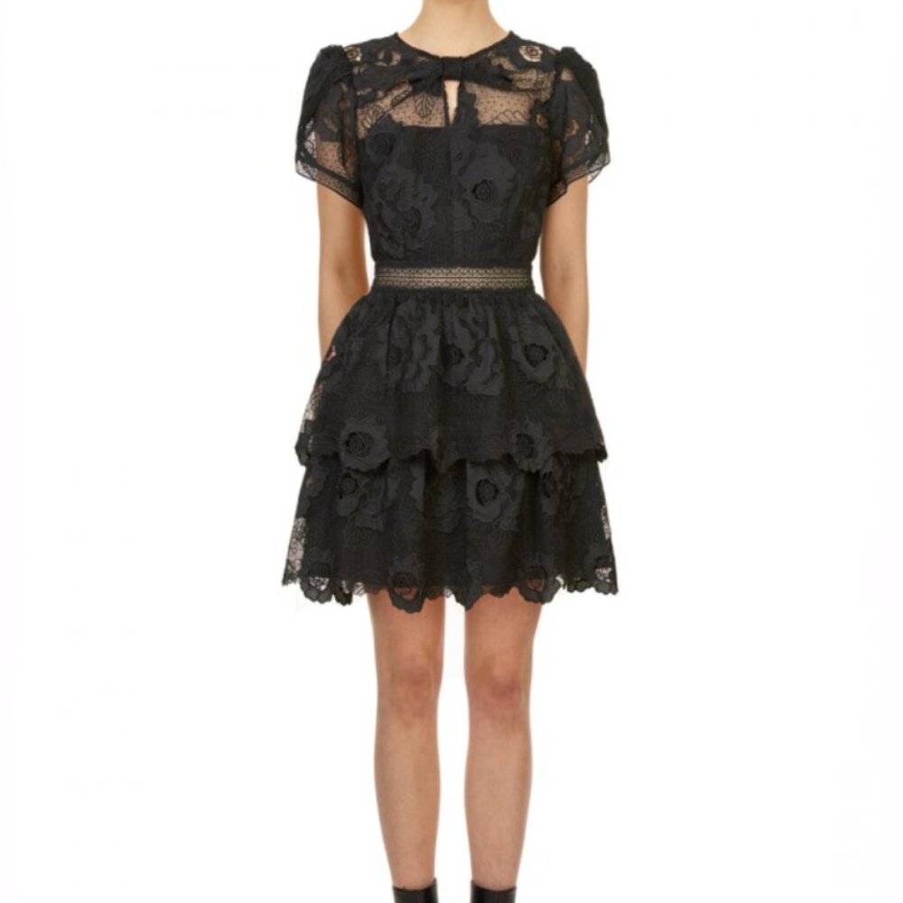 Self-Portrait BLACK LACE GUIPURE TIERED Mini Dress US10